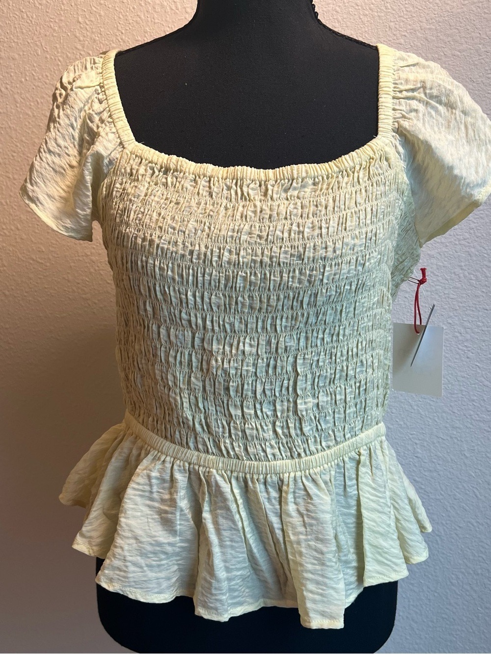 Open Edit Nordstrom Peplum Smocked Blouse in Pale Yellow with Flutter Sleeves